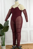 Burgundy Sexy Solid Patchwork See-through Fold Spaghetti Strap Plus Size Jumpsuits