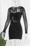 Black Sexy Solid Patchwork See-through Square Collar Pencil Skirt Dresses