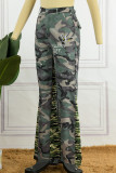 Pantalones de retazos rectos de cintura alta con estampado de camuflaje y estampado casual verde