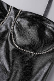 ブラック セクシー ソリッド パッチワーク ホット ドリル スパゲッティ ストラップ ペンシル スカート ドレス