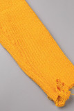 Tops de cuello alto asimétrico con retazos de borlas sólidas casuales amarillas