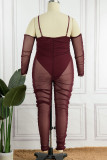 Burgundy Sexy Solid Patchwork See-through Fold Spaghetti Strap Plus Size Jumpsuits