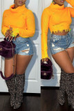 Yellow Casual Solid Tassel Patchwork Asymmetrical Turtleneck Tops