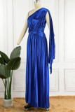 カラフルなブルーのエレガントなソリッド パッチワーク フォールド斜めカラー ストレート ドレス