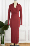 Красные повседневные однотонные лоскутные платья с разрезом и V-образным вырезом, юбка-карандаш