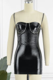 Negro sexy sólido patchwork taladro caliente correa de espagueti lápiz falda vestidos