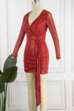 レッド セクシー ソリッド スパンコール パッチワーク 非対称 V ネック ワンステップ スカート ドレス