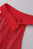 Rode sexy effen patchwork doorzichtige O-hals rechte jurken