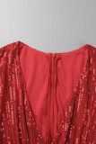 レッド セクシー ソリッド スパンコール パッチワーク 非対称 V ネック ワンステップ スカート ドレス