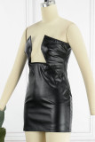 Black Sexy Solid Patchwork Asymmetrical Asymmetrical Collar Pencil Skirt Dresses