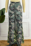 Green Casual Print Camouflage Print Patchwork High Waist Straight Patchwork Bottoms