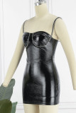 Черное сексуальное однотонное лоскутное горячее сверло на тонких бретельках юбка-карандаш платья