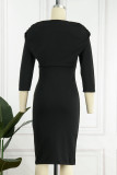 Black Elegant Solid Patchwork Fold V Neck Pencil Skirt Dresses