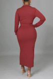 Красные повседневные однотонные лоскутные платья с разрезом и V-образным вырезом, юбка-карандаш