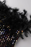 Vestido irregular sin tirantes con abertura de plumas de patchwork sólido sexy negro Vestidos