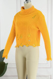 Yellow Casual Solid Tassel Patchwork Asymmetrical Turtleneck Tops