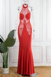Red Sexy Solid Patchwork See-through O Neck Straight Dresses