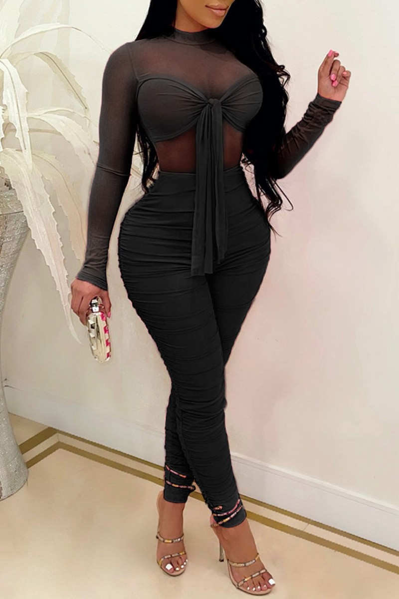 

Black Sexy Solid Patchwork See-through Half A Turtleneck Skinny Jumpsuits