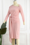 Vestidos de saia única com gola oblíqua em patchwork rosa elegante e liso