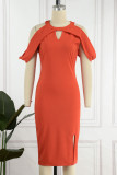 Tangerine Red Elegant Solid Patchwork O Neck One Step Skirt Dresses