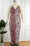 Красный сексуальный принт с леопардовым принтом и лоскутным принтом, юбка с лямкой на шее, платья больших размеров