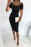 Schwarzes, sexy, aushöhlendes Patchwork-Kleid mit V-Ausschnitt und kurzen Ärmeln
