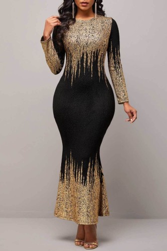 Gold Casual Print Patchwork O Neck Long Sleeve Dresses