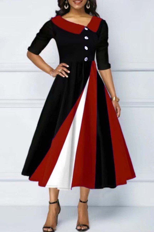 Vestidos de una línea de cuello oblicuo en contraste de patchwork casual rojo oscuro
