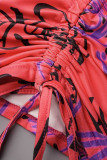 Vestidos de falda de lápiz con hombros descubiertos y pliegues de patchwork con estampado sexy rojo