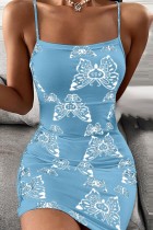 Sky Blue Sexy Print Backless Spaghetti Strap Sleeveless Dress Dresses