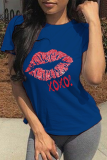 T-shirts à col rond imprimé patchwork imprimé lèvres décontractées bleu marine