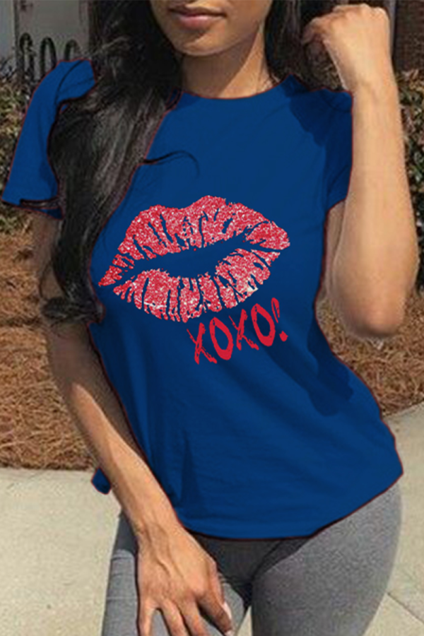 Marineblaue, lässige, mit Lippen bedruckte Patchwork-T-Shirts mit O-Ausschnitt