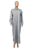 Серое повседневное однотонное платье-рубашка с воротником в стиле пэчворк Платья Платья