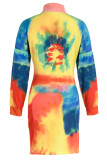Kleur Casual Print Tie-dye Rits Kraag Lange mouw Grote maten jurken