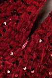 Rotes, elegantes, solides Pailletten-Patchwork-Faltkleid mit V-Ausschnitt
