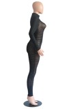 Schwarzer, sexy, solider, durchsichtiger Patchwork-Overall mit halbem Rollkragen