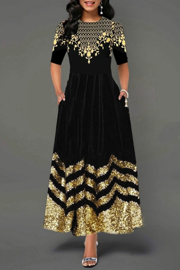 Золотой повседневный принт Базовое длинное платье с круглым вырезом Платья