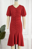 Красные повседневные однотонные платья русалки в стиле пэчворк с V-образным вырезом