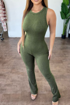 Olive Green Casual Solid Patchwork O Neck Skinny Jumpsuits