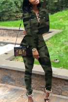 Армейский зеленый повседневный уличный принт с камуфляжным принтом в стиле пэчворк с отложным воротником и пряжкой размера плюс из двух частей