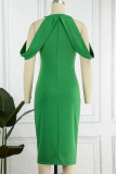 Зеленые элегантные однотонные лоскутные платья с круглым вырезом и юбкой на один шаг
