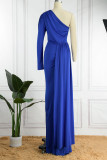 Красочное синее элегантное однотонное вечернее платье в стиле пэчворк с косым воротником Платья