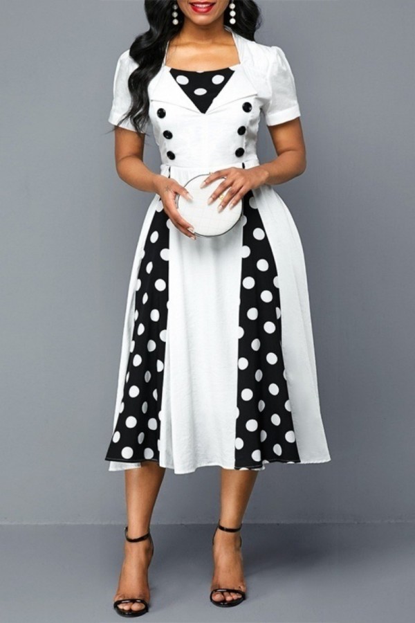 Witte casual stippenprint patchwork jurk met vierkante kraag en korte mouwen