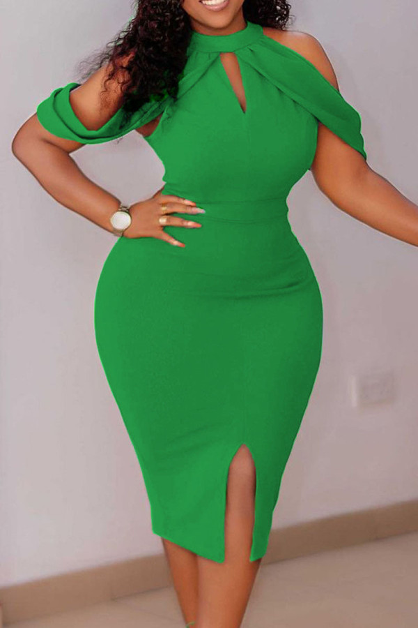Зеленые элегантные однотонные лоскутные платья с круглым вырезом и юбкой на один шаг