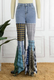 Jeans jeans street com estampa xadrez preta patchwork cintura alta