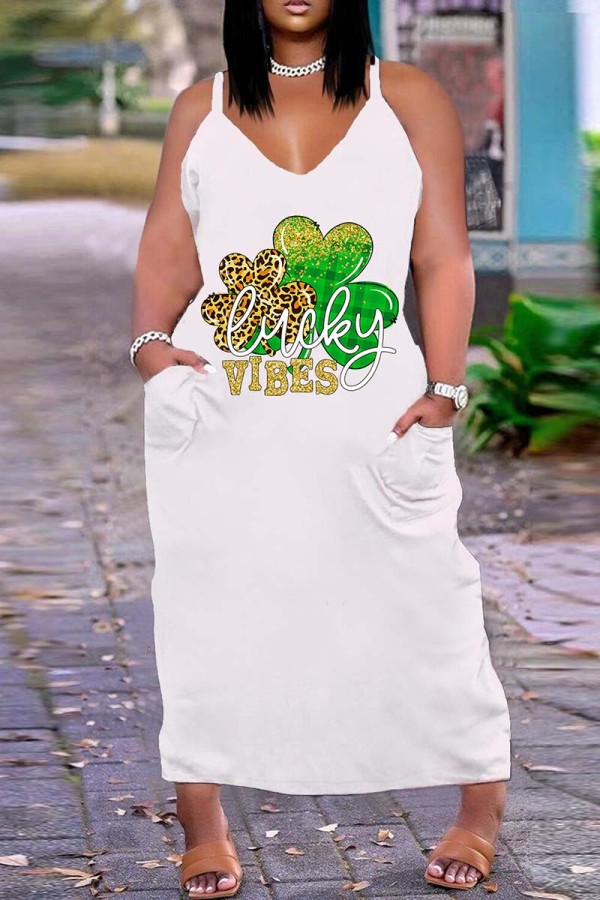Зеленое сексуальное повседневное длинное платье с открытой спиной и бретельками с принтом Платья больших размеров