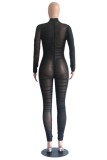 Zwarte sexy stevige patchwork doorzichtige halve coltrui magere jumpsuits