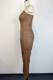Coffee Sexy Solid Backless Strapless Skinny Jumpsuits