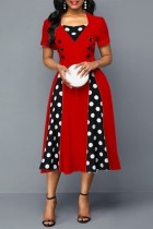 Rode casual stippenprint patchwork jurk met vierkante kraag en korte mouwen