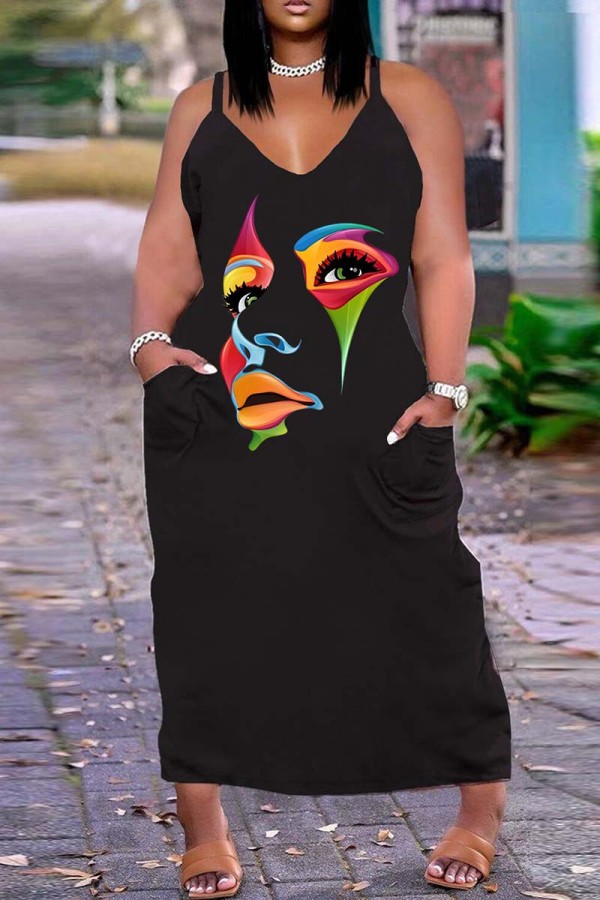 黒のセクシーなカジュアルプリントベーシックスパゲッティストラップロングドレスプラスサイズのドレス
